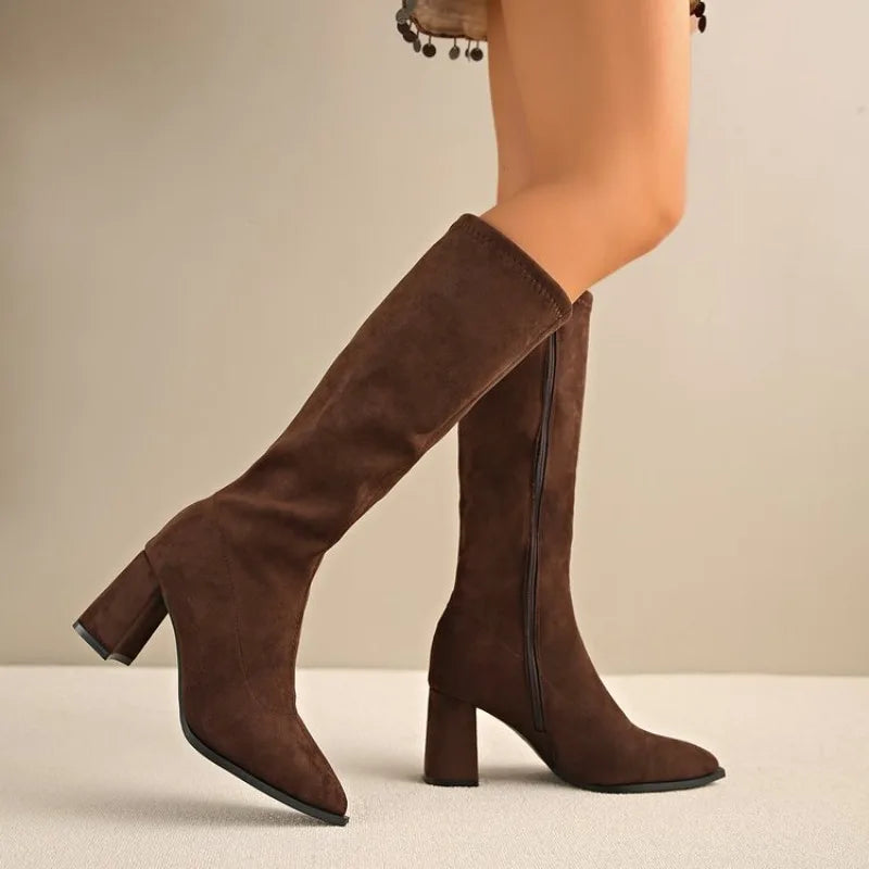 Suede Knee-High Block Heel Boots Classic — Brown | KIMLUD