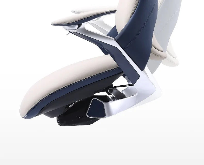Close-up of a modern office chair with white and blue design on a white background