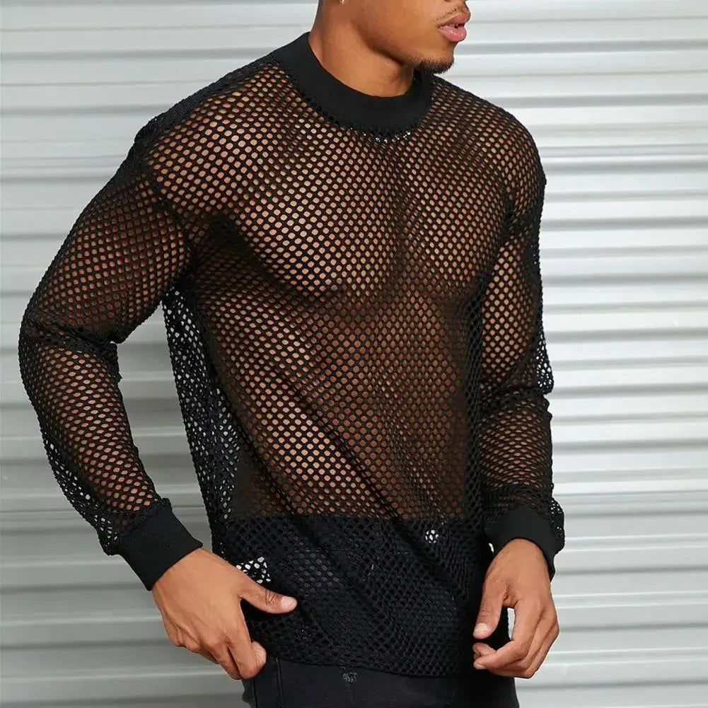 Mesh Top Hollow Design Long Sleeve Tee Loose Fit For Club Nights — Black | KIMLUD