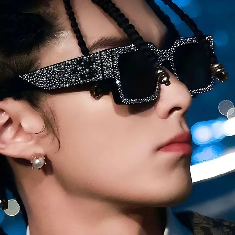 Plastic Diamond-Studded Square Sunglasses — Black | KIMLUD