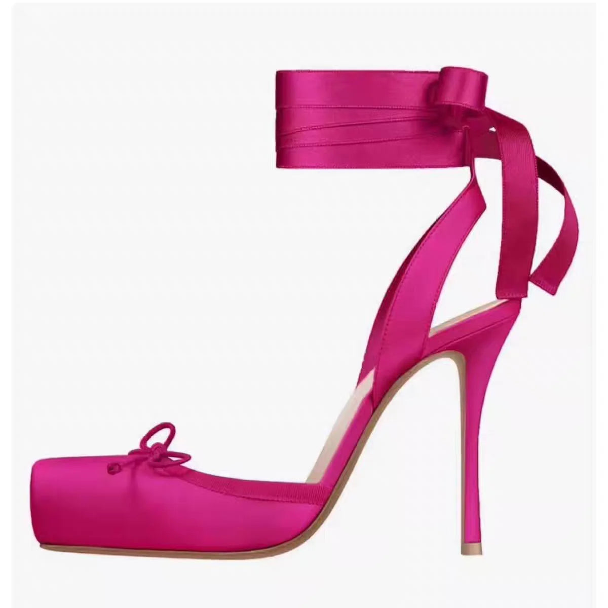 New ballet red soled high heels satin ribbon French bow women's shoes rose red cross strap sandals