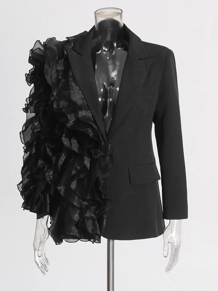 KIMLUD, TWOTWINSTYLE Solid Spliced Ruffles Elegant Blazers For Women Long Sleeve Patchwork Button Designer Coat Female Fashion Style New, M / BLACK, KIMLUD APPAREL - Womens Clothes