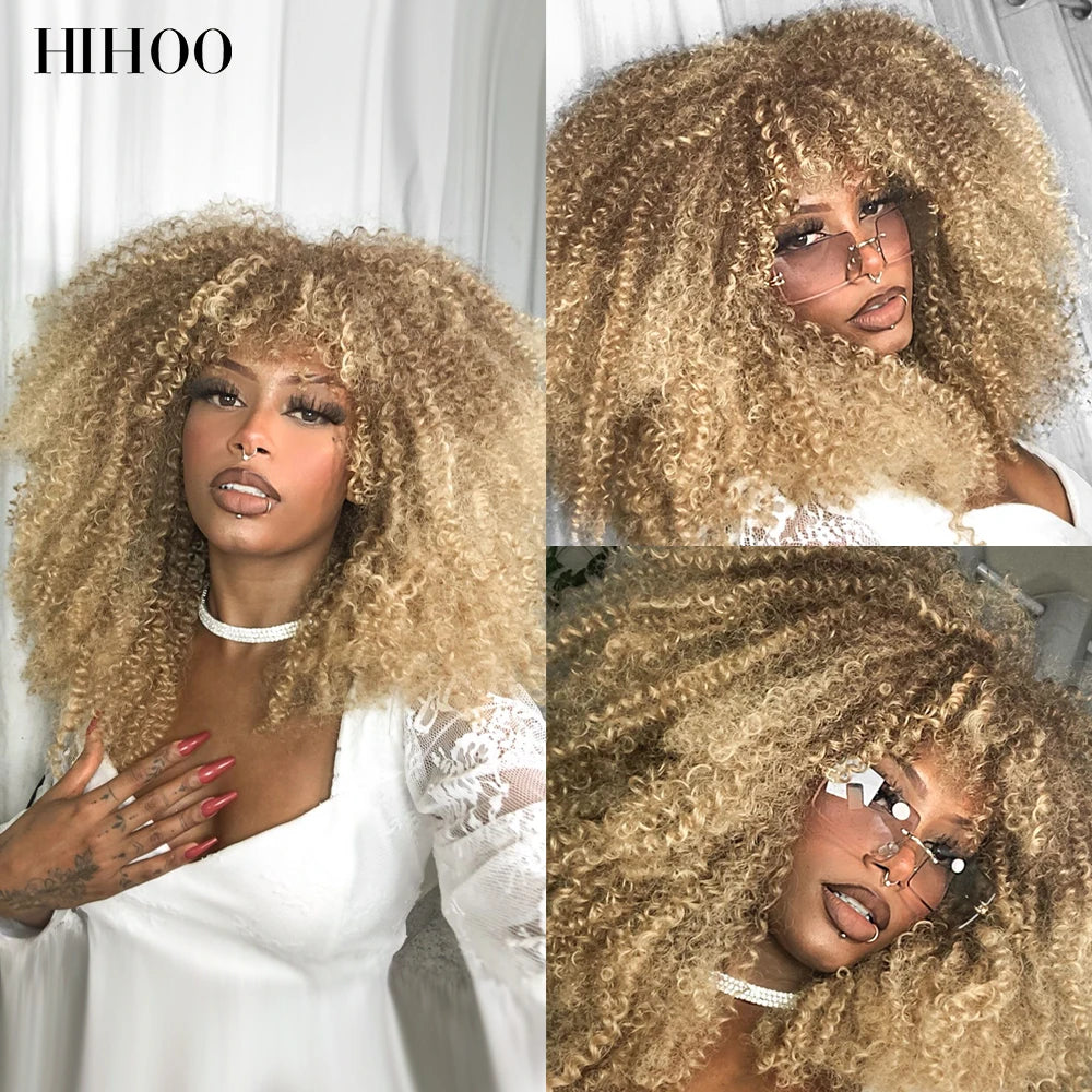 Afro Kinky Curly Hair Wigs With Bangs — Natural Brown Mixed | KIMLUD
