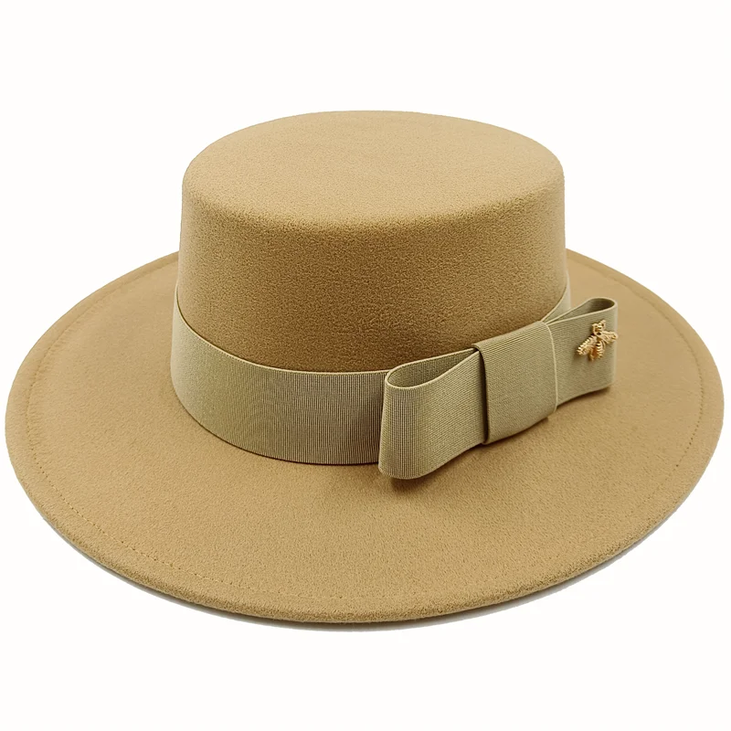 Wholesale Fedora hats Winter round concave convex surface flat top bow elastic ribbon men&#39;s and women&#39;s felt jazz hats Fedora - KIMLUD