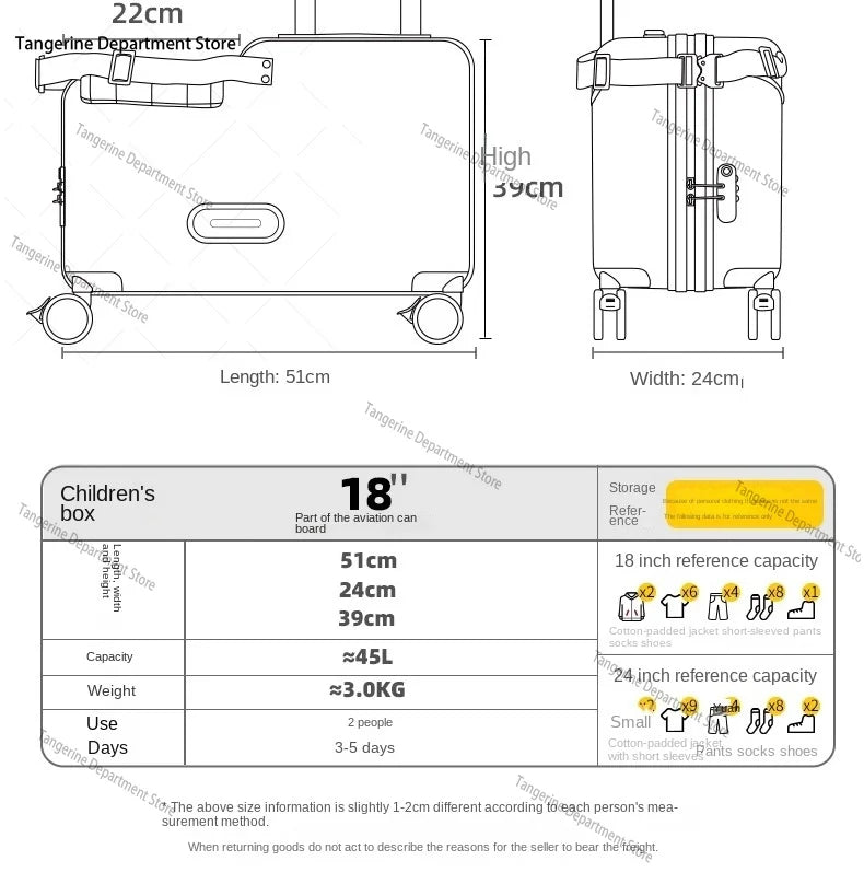 18 inch New Suitcase with Seat for Children Small Luggage Lightweight Boardable PC Suitcase Foldable Pedal Girls and Boys