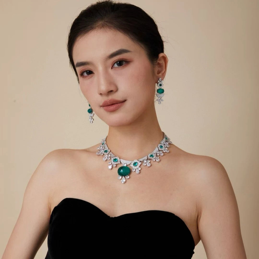 EYER Top Grade Temperament AAA Zircon designer Necklace For Women Luxury Green Drop Earrings Wedding Evening Dress Jewelry Set