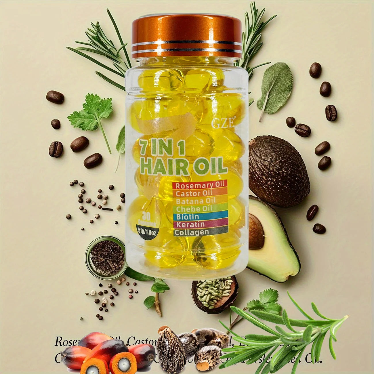 Natural Oil Blend Hair Oil 7-In-1 With Rosemary Castor Oil — Amber | KIMLUD