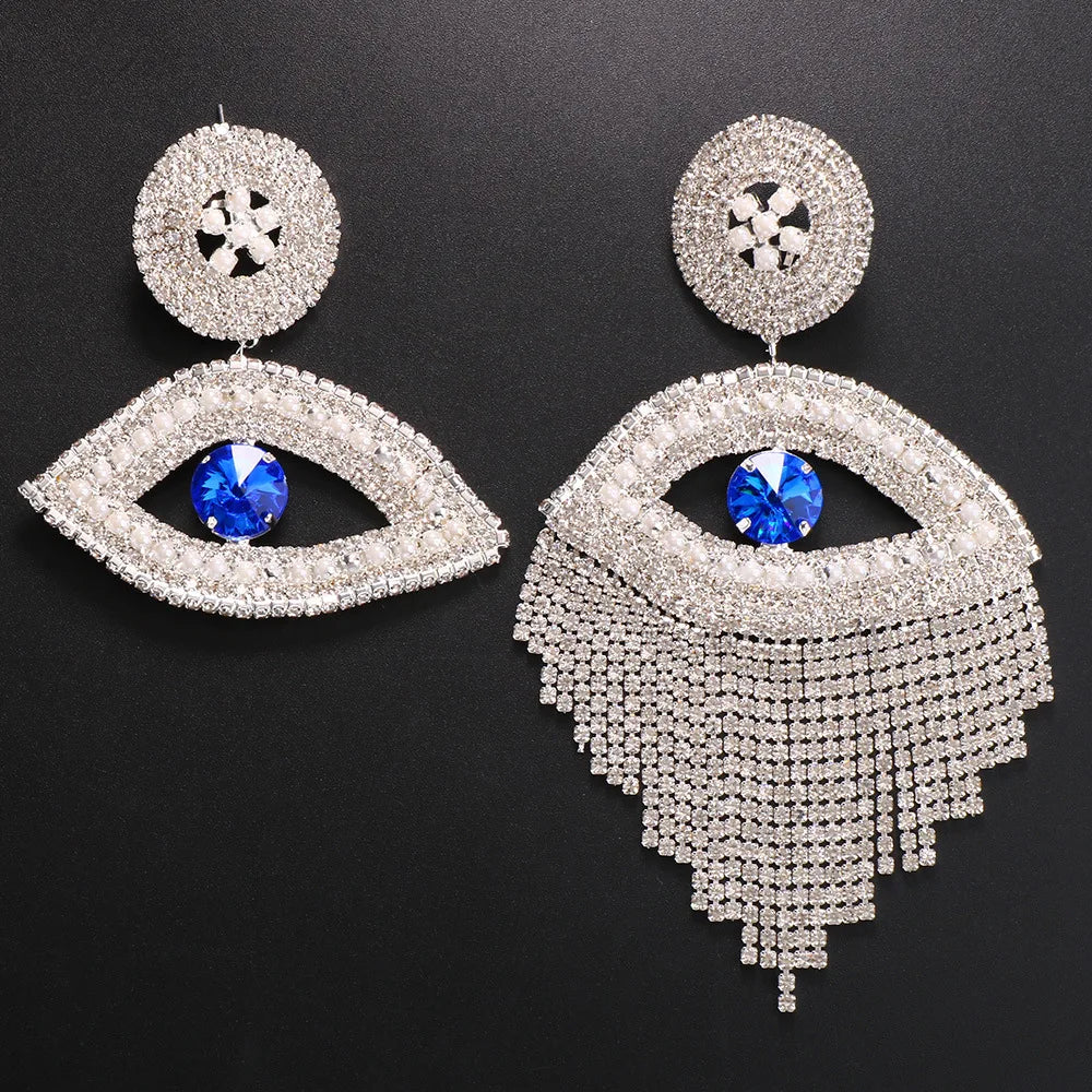 Exaggerated Eye Earrings Rhinestone Tassel — Blue | KIMLUD