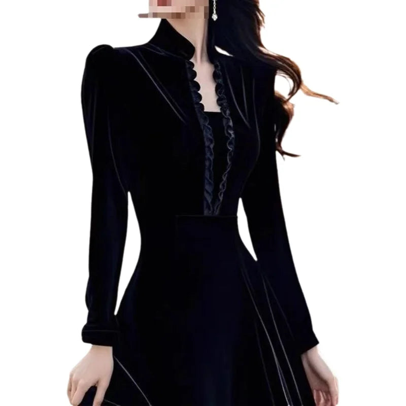 Velvet Midi Dress – Stand Collar Long Sleeve – Black | KIMLUD