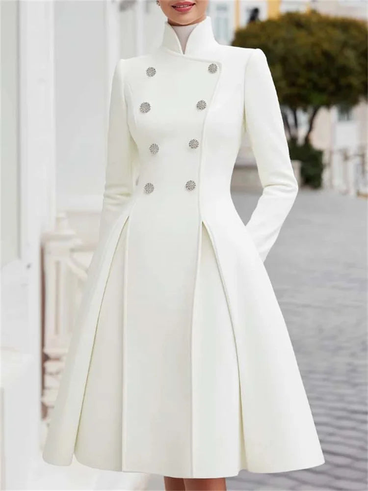 Evening Coat Dress - Double Breasted - A-Line - White | KIMLUD