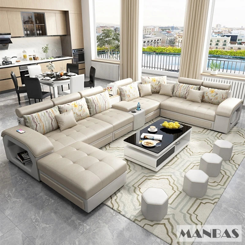 Fabric U-Shape Sofa Set With USB Ports And Stools — Grey | KIMLUD