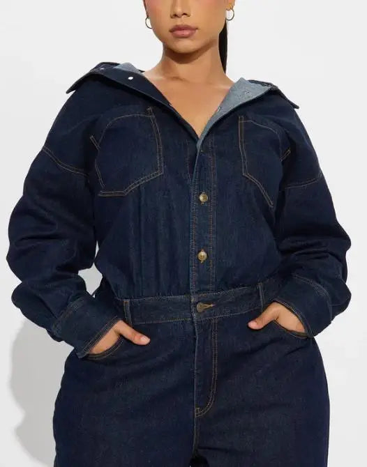 Denim Jumpsuit High Waist Pocket Turn-Down Collar — Deep Indigo | KIMLUD