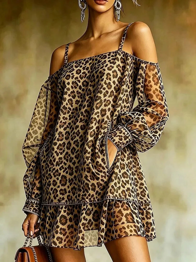 Polyester Off-Shoulder Leopard Print Mini Dress — Beige | KIMLUD