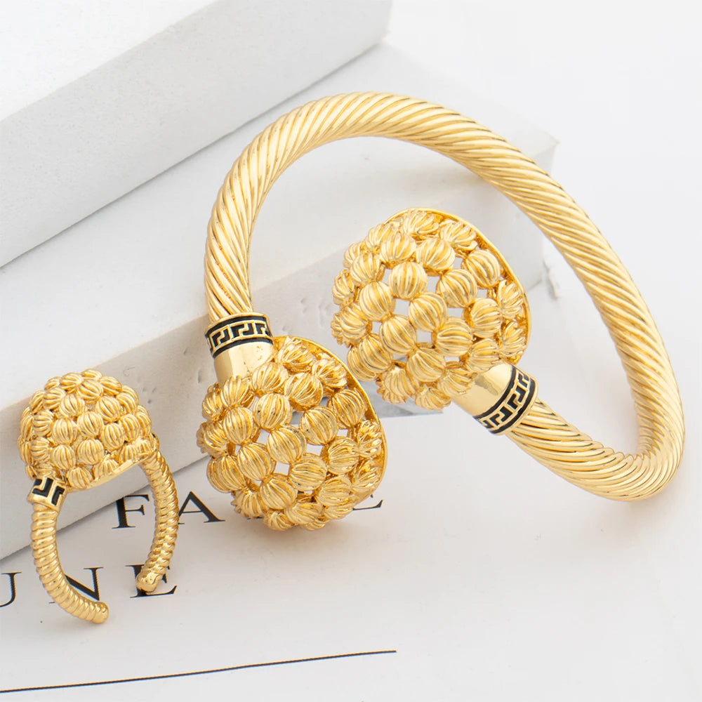 Gold Plated Jewelry Set Cuff Bangle Ring — Golden | KIMLUD