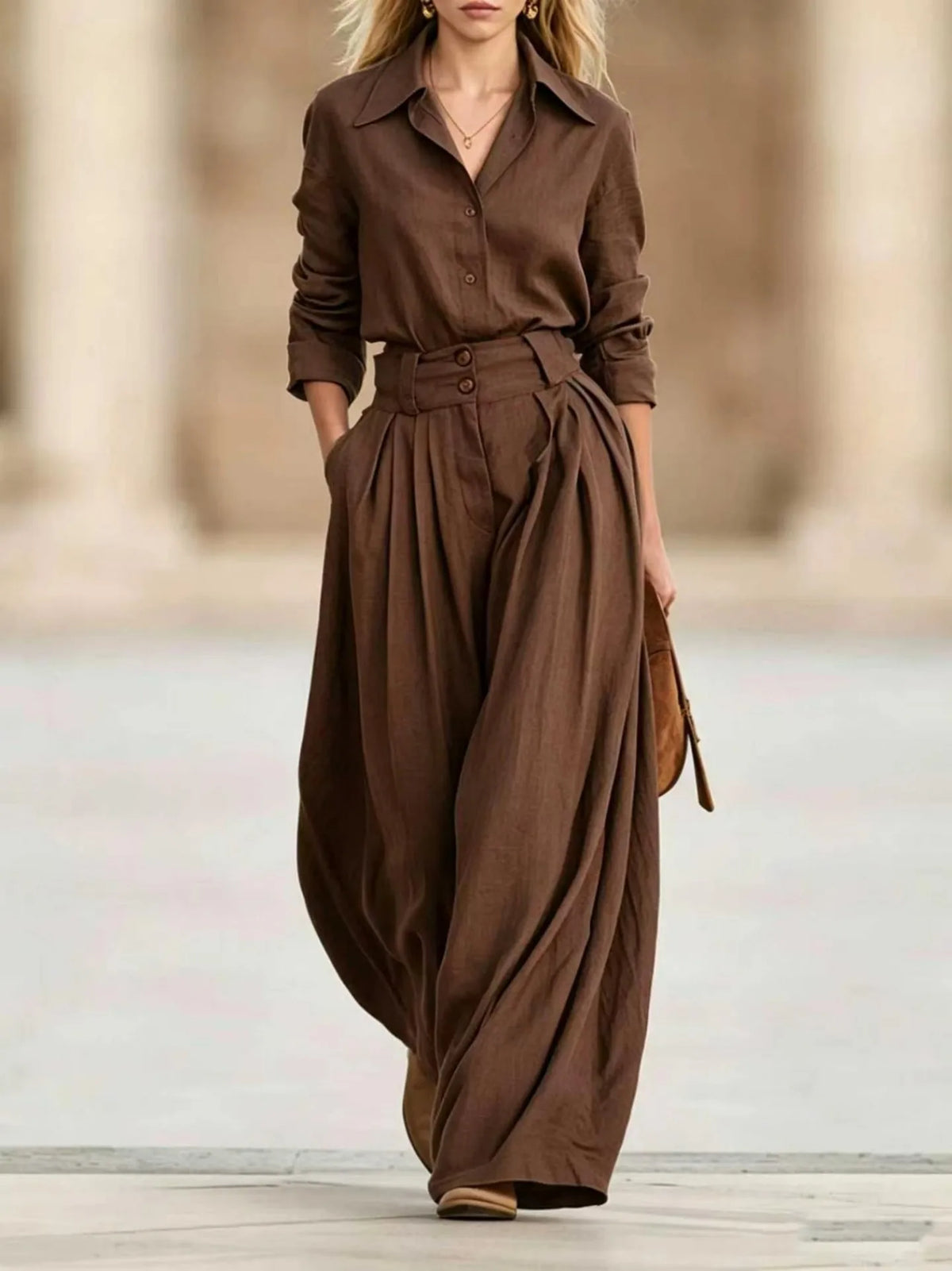 Two Piece Set – Lapel Shirt and Pleated Wide Leg Pants – Loose | KIMLUD