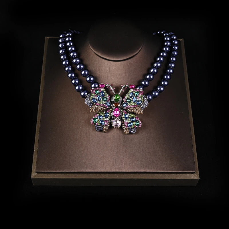 HD European and American  Sweet Retro Heavy Industry Elegant Literary Sparkling Rhinestone Butterfly Necklace Stud Earrings