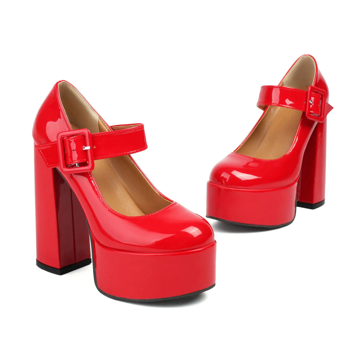Mary Jane Platform Pumps – Buckle Strap – PU – Red | KIMLUD