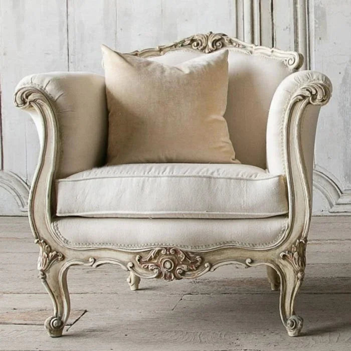 Velvet Sofa Three-Seat Carved Wood — Ivory | KIMLUD