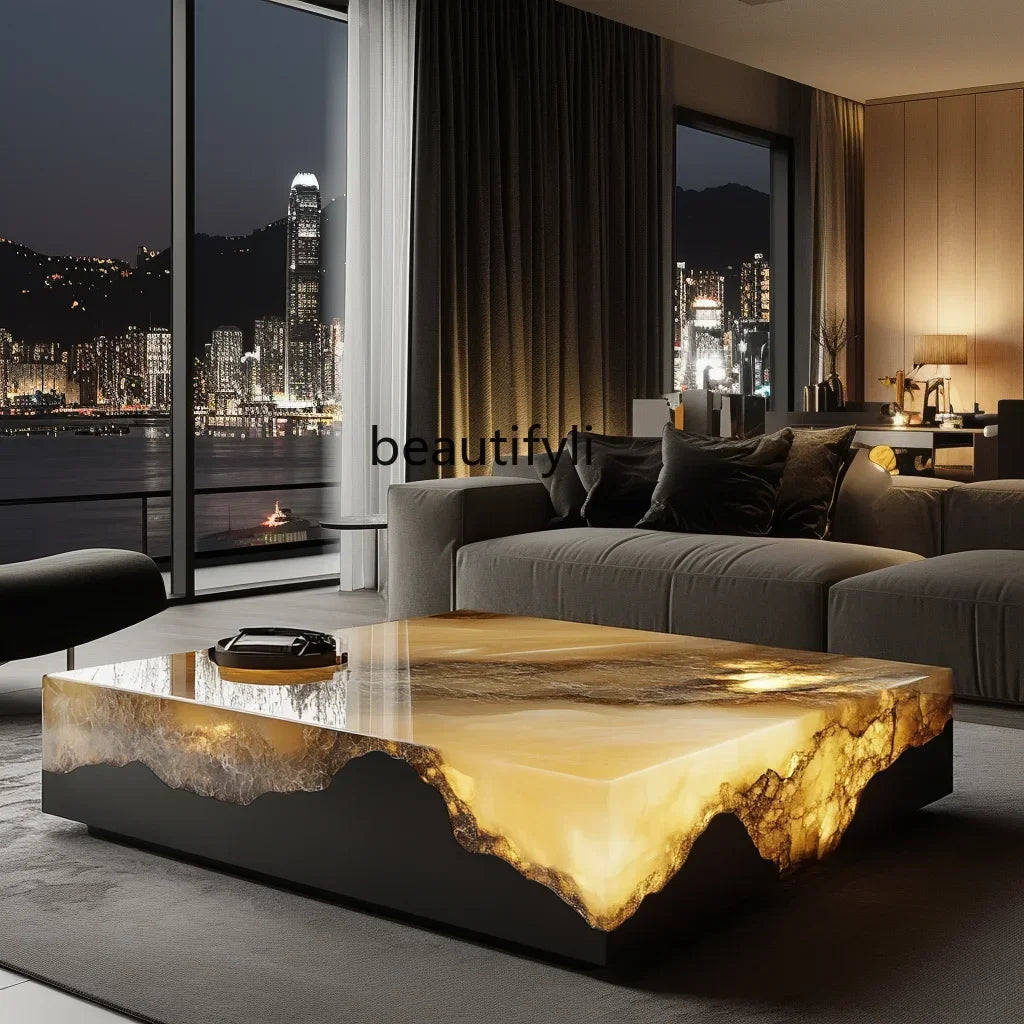 G53 Square luminous jade coffee table leather light luxury minimalist style living room luxury stone natural marble