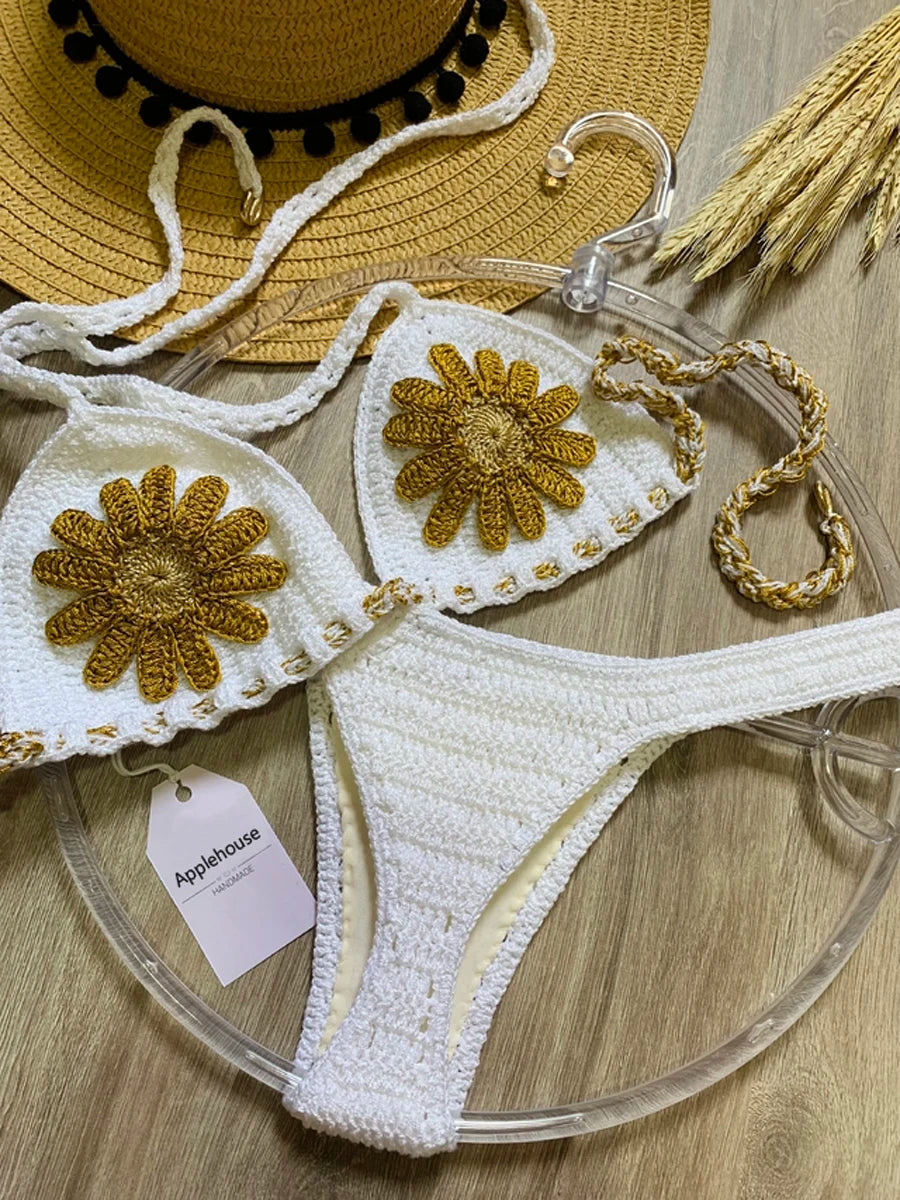 Crochet Bikini Set With Gold Floral Appliqués — Navy | KIMLUD