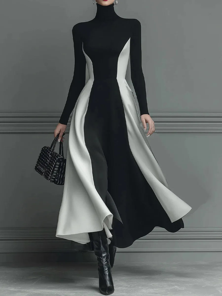 Patchwork Maxi Dress – Turtleneck – Polyester – Black White | KIMLUD