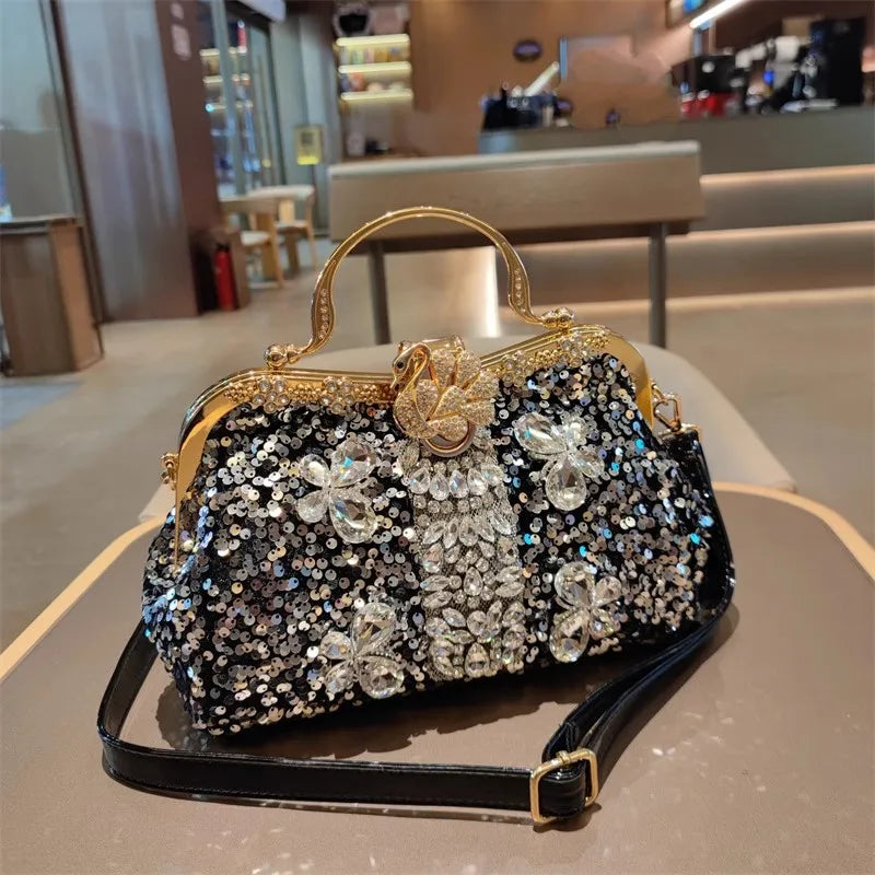 Leather Crystal Sequin Buckle Handbag — Black | KIMLUD