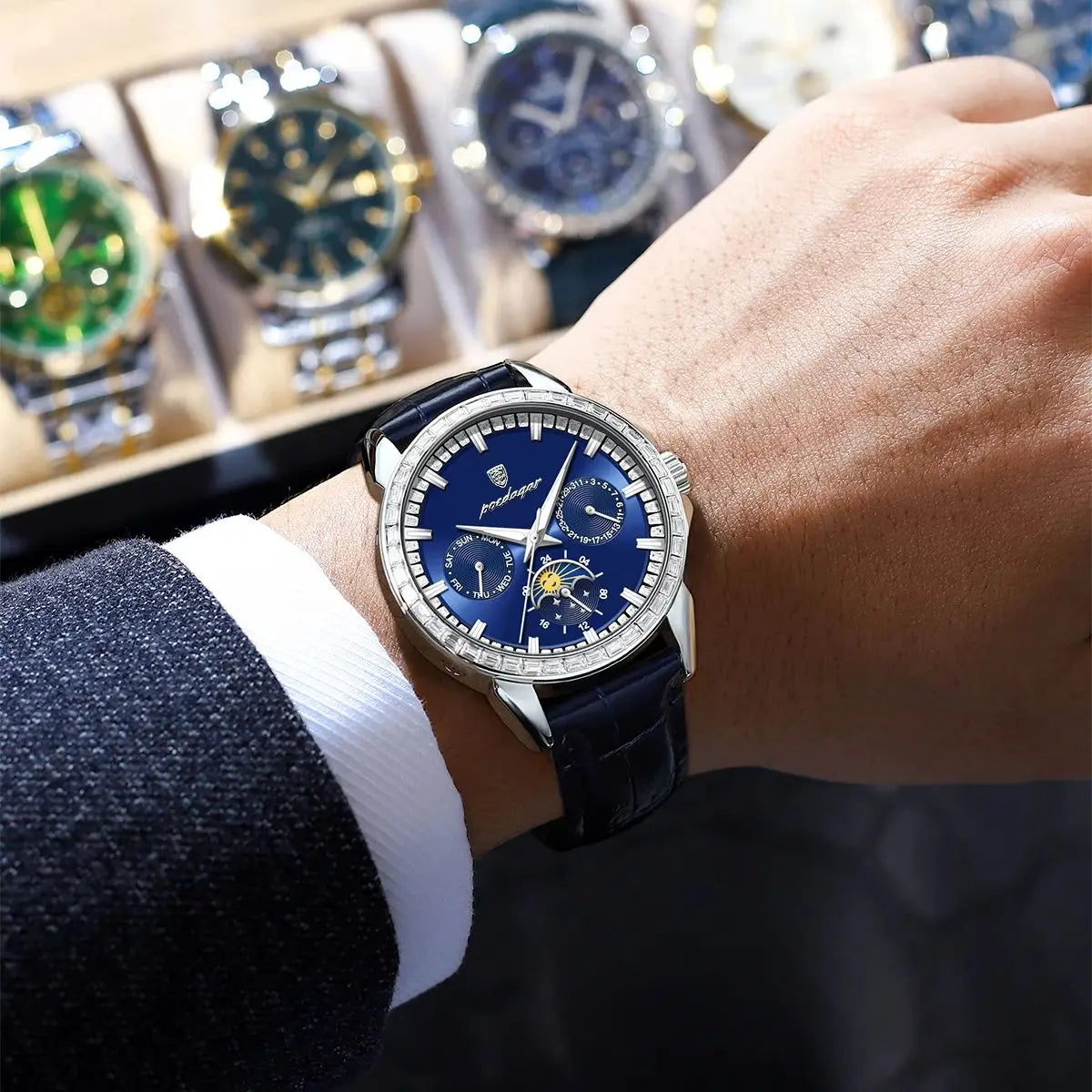 POEDAGAR Luxury Diamond Wristwatch For Men Date Week Waterproof Luminous Man Watch Fashion Business Leather Men's Quartz Watches