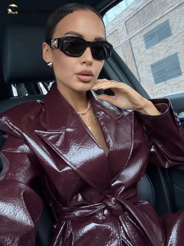 Vintage Pu Leather Belted Jackets Women's Slim Full Sleeve Lapel Short Overcoat 2025 New Autumn Winter Ladies Solid Streetwear