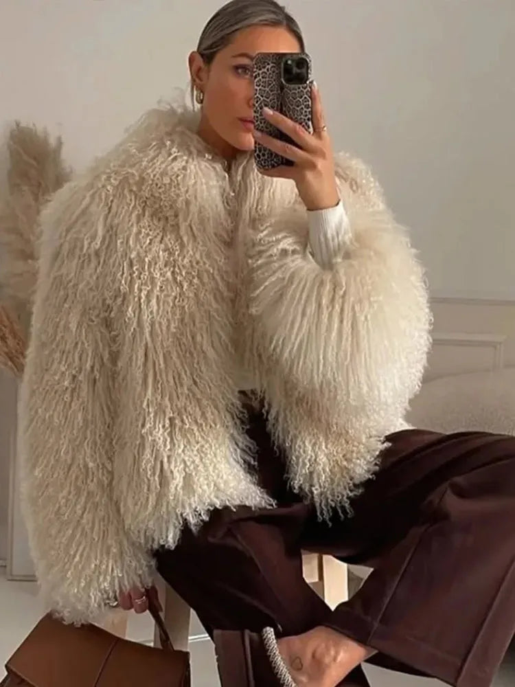 Casual Creamy-white Thick Faux Fur Short Coat Women Long Sleeve Turn Down Collar Warm Soft Jacket Female Winter Daily Outerwear