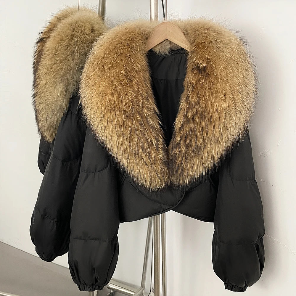 Down Coat – Real Fox Fur Trim – Duck Down – Natural | KIMLUD