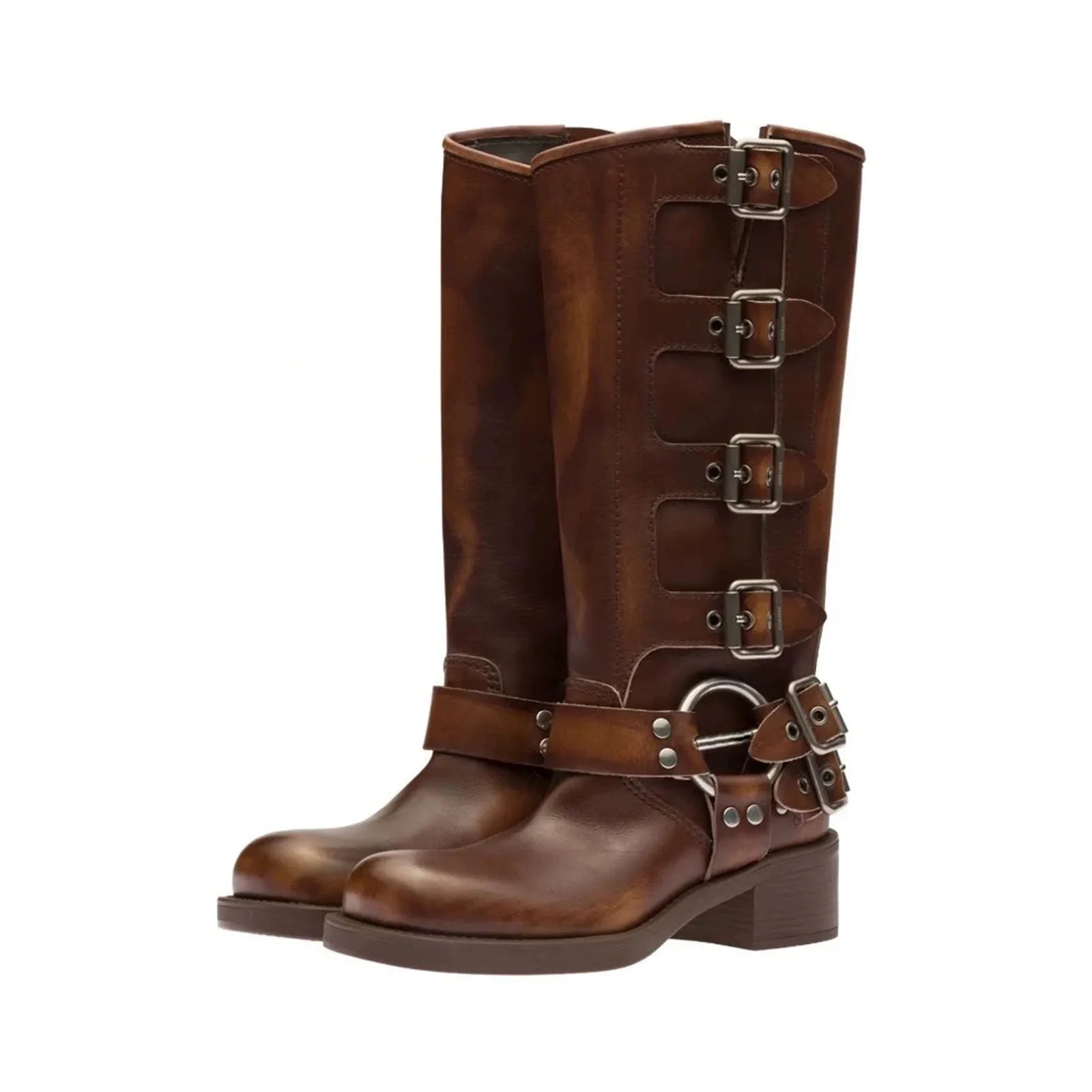 Knee-High Western Boots – Platform Rivet Belt Buckle – Genuine Leather | KIMLUD