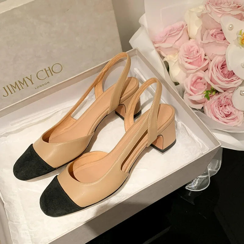 2025 Summer Genuine Leather Sandals for Women Silver Nude Medium Heels Summer Shoe Two-Tone Block Heeled Pumps Lady Office Party