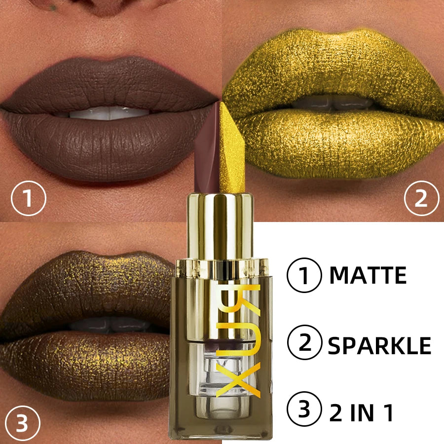 Two tone Color Metallic Lipstick Glitter Shimmer Lip Liner Pen Matte Velvet Finish High Pigment  Smooth Lip Tint Korean Makeup