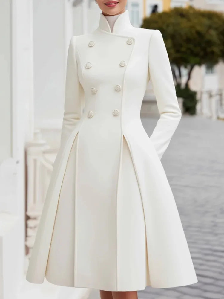 Evening Coat Dress - Double Breasted - A-Line - White | KIMLUD