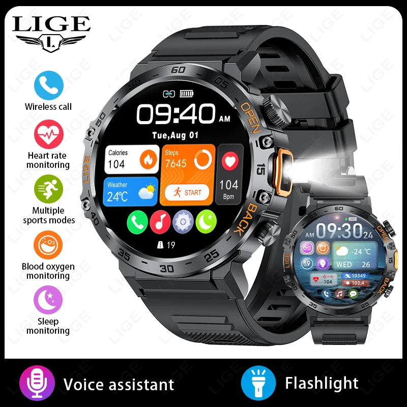 LIGE 2025 Smart Watch Men Sport Watches LED Flashlight 360*360 Ultra HD Screen Waterproof Fitness Bluetooth Call Men Smartwatch