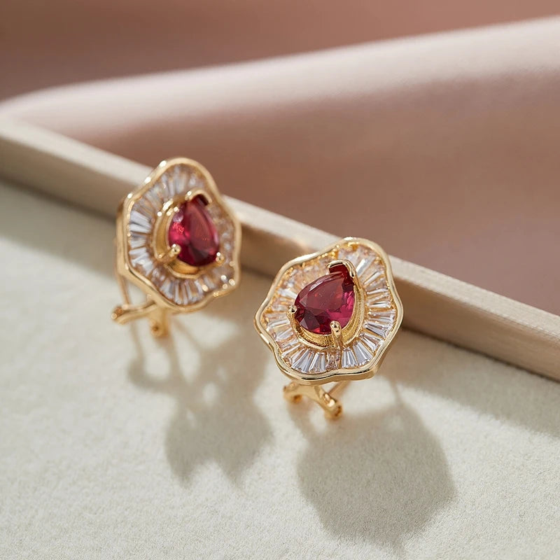 1pair Luxury Women's Earring Red Cubic Zirconia Wedding Anniversary Stud Earring Gift Women's Elegant Accessory Jewelry