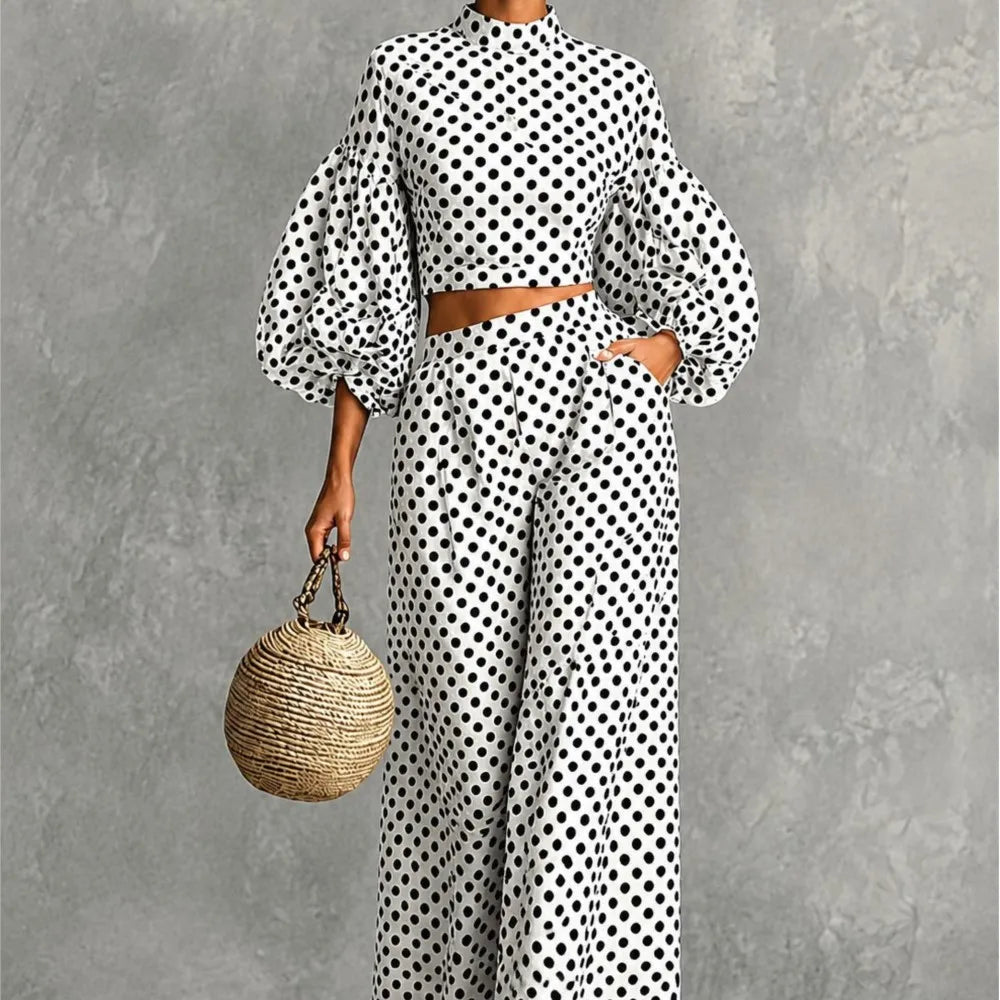 Two-Piece Polka Dot Trousers Suit – Wide-Leg – Synthetic Fiber | KIMLUD