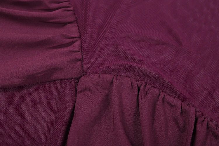 Mesh Patchwork Ruched Slit-Hem Dress — Burgundy | KIMLUD
