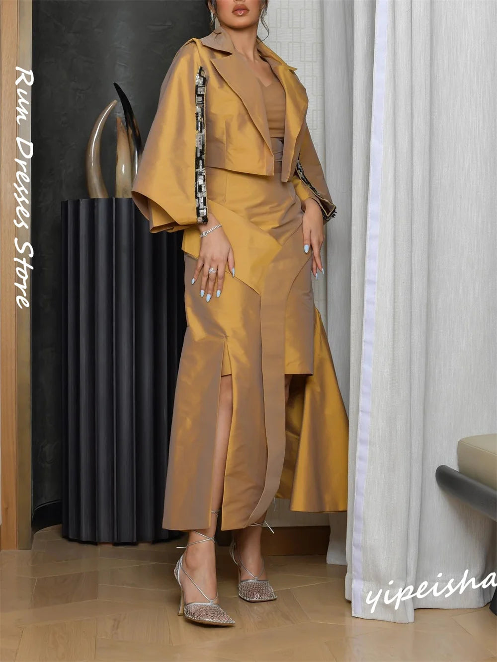 Dresses – Retro V-Neck A-Line Ankle-Length Satin Sequin Gown | KIMLUD
