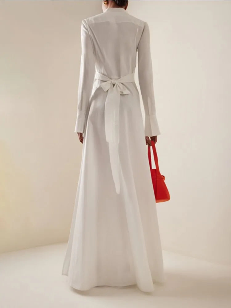 Women's Elegant Floral Printed Formal Office Shirts Dress Long Sleeves Buttoned Stand Collar Party Evening A-line Maxi Dresses