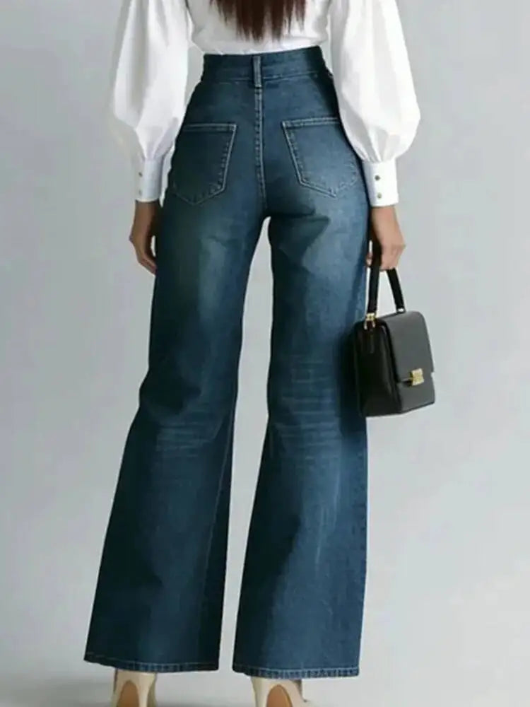 Jeans – High Waist Wide Leg With Double Zipper Split Hem – Denim | KIMLUD