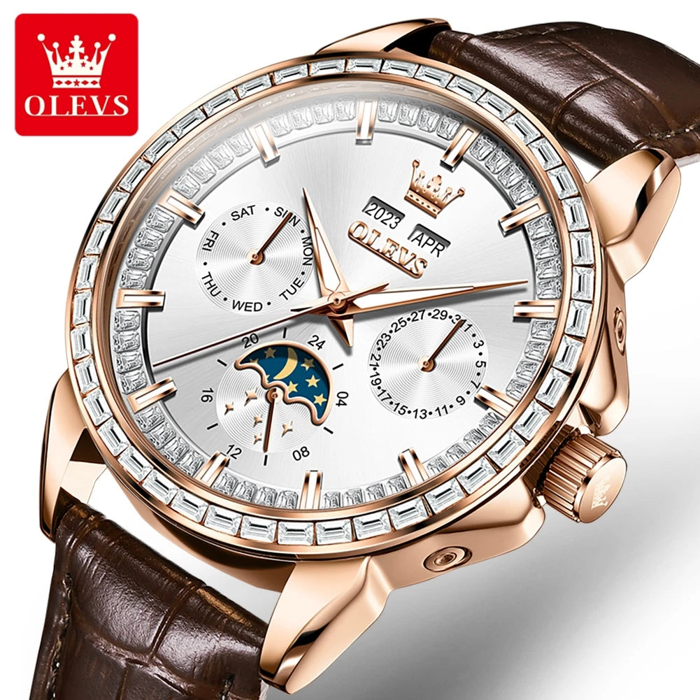 Leather Moon Phase Diamond Bezel Watch — Rose Gold | KIMLUD