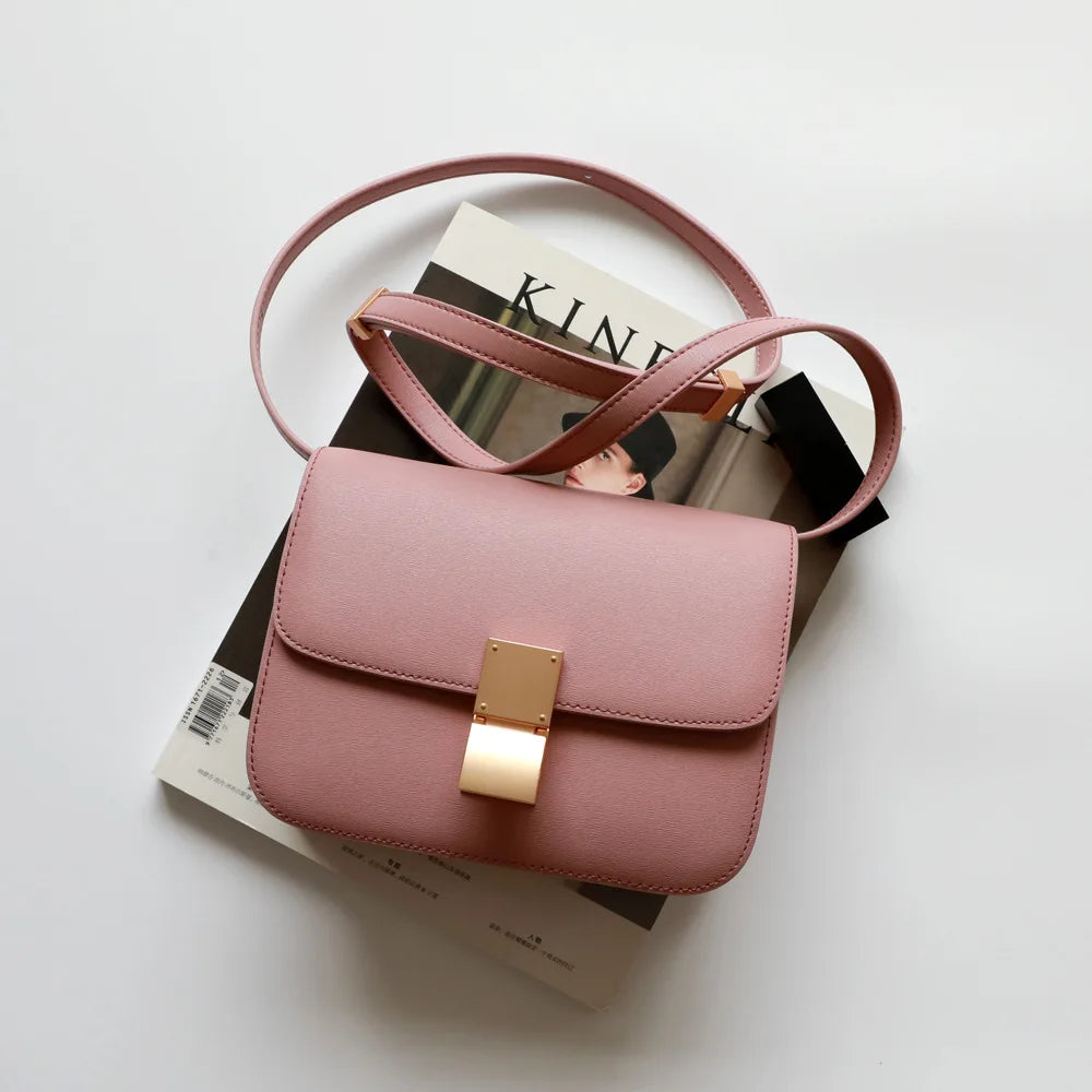 Split Leather Shoulder Bag Single Flap Lock — Black | KIMLUD
