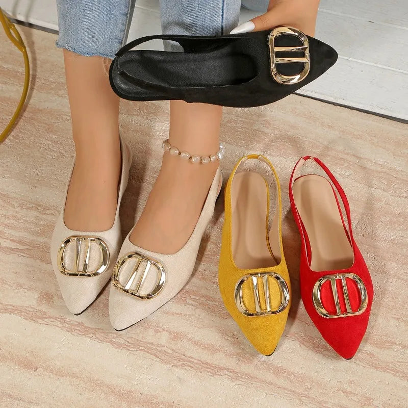 Flat Shoes – Pointed Toe – Metal Accents – Back Strap Buckle | KIMLUD