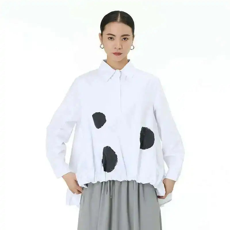 EAM Women Black Color-block Dot Big Size Blouse New Lapel Long Sleeve Large Hem Shirt Fashion Tide Spring Autumn 2024 1DH4274