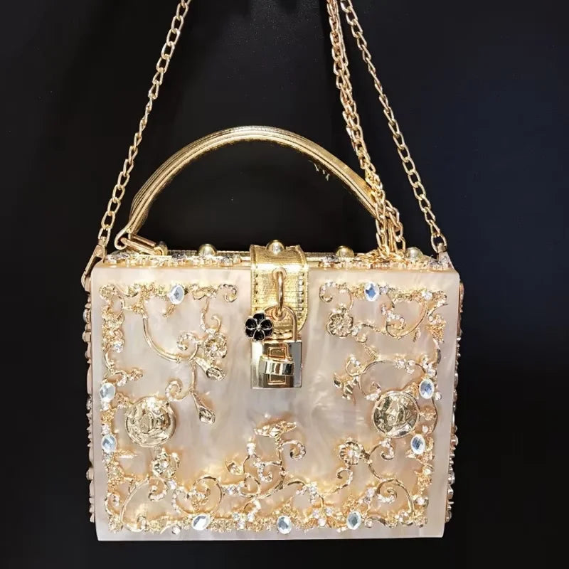 Acrylic Box Clutch Rhinestone Embroidery Champagne-Gold Double-Row Detailing — Ivory | KIMLUD
