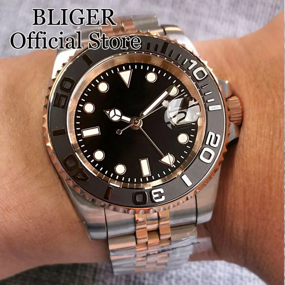 20ATM Waterproof 40mm Rose Gold NH34 GMT Automatic Watch For Men Steel Strap Ceramics Bezel Sapphire Glass Luminous