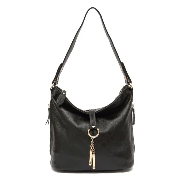 Genuine Leather Hobo Bag With Ring Accent — Red | KIMLUD