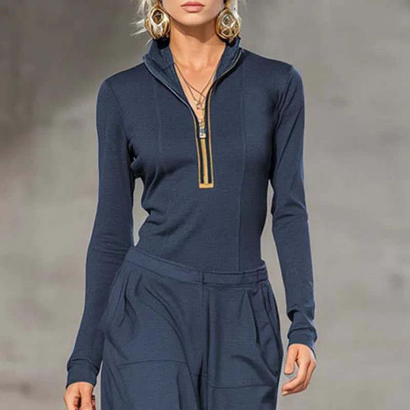 Retro Solid Zipper Hooded Top Pullover+High Waist Pants Outfit Woman Sexy Stand Collar Overalls Suit Chic Long Sleeve Autumn Set