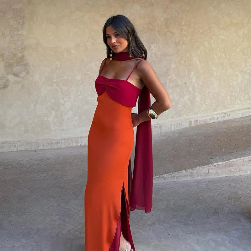 Color Blocking Sling Dress Scarf Collar — Orange Burgundy | KIMLUD